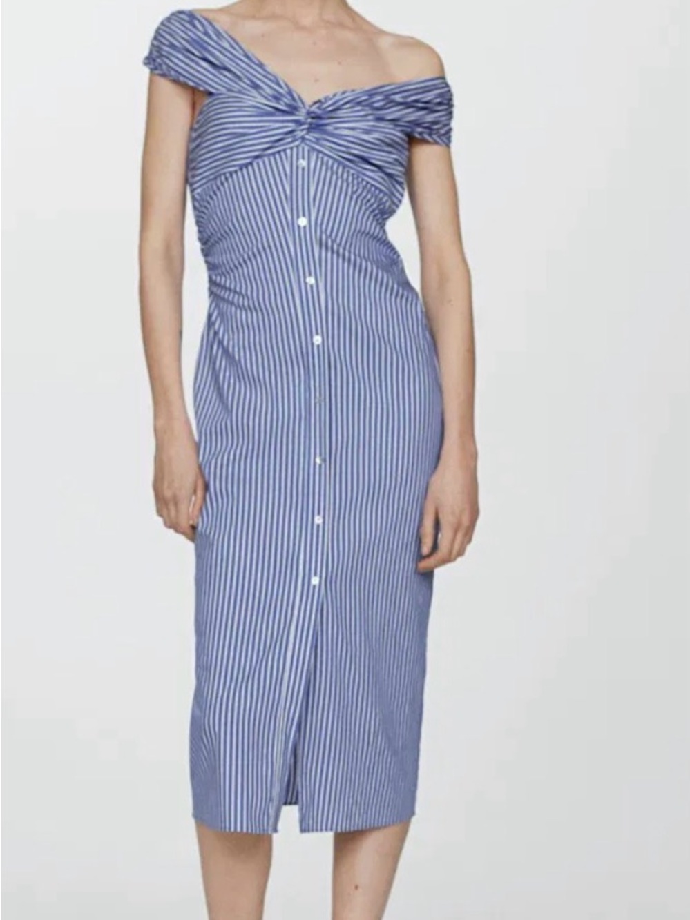 Mango Blue and White Striped One-Shoulder Midi Dress